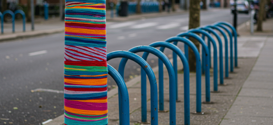 Yarn Bombing Small Scale Kids Wrapping Trees Bike Racks Colorful Public Art Intro Fun